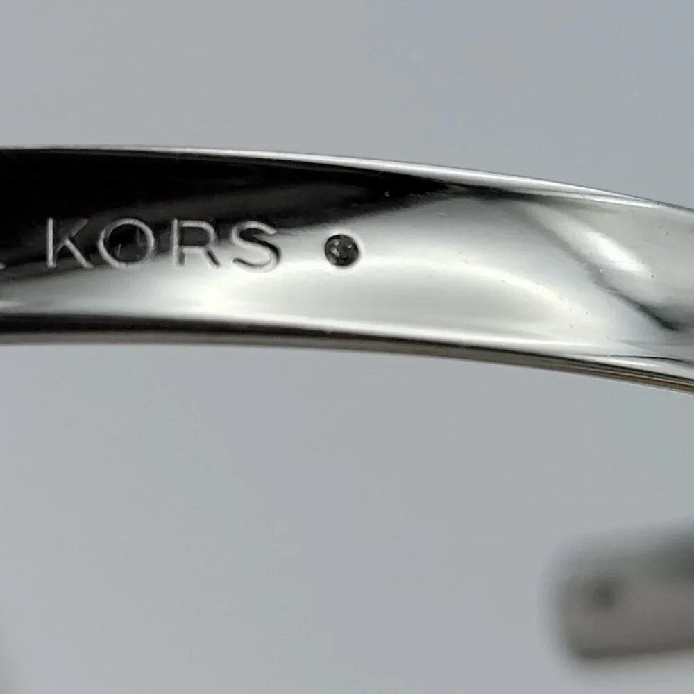 Michael Kors Silver Tone Logo Open Cuff Bracelet Tiny Diamond Accent 6.5